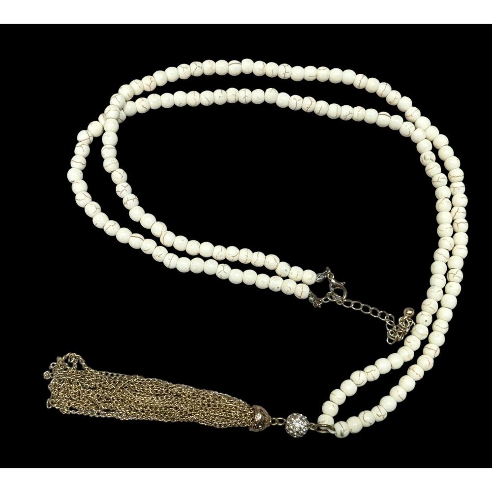 Boho Chic Howlite Beaded Necklace With Gold Tone Tassel And Rhinestone Accents